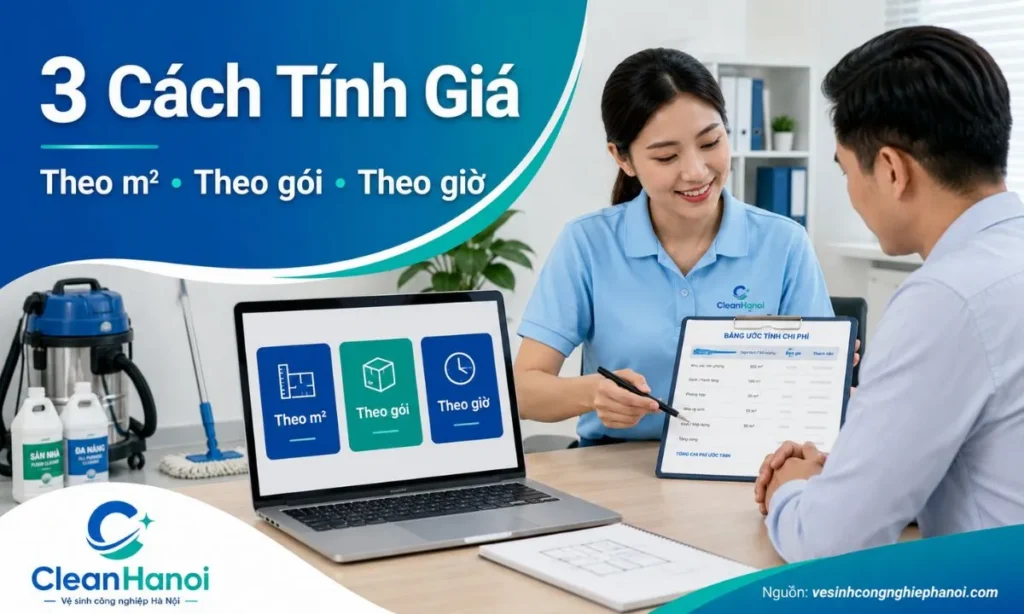 CleanHanoi tính giá vệ sinh theo m², theo gói hoặc theo nhân công tùy hạng mục, diện tích, mức độ bẩn và điều kiện thi công thực tế.