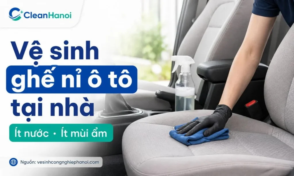 Hướng dẫn vệ sinh ghế nỉ ô tô tại nhà đúng cách: hút bụi, xử lý vết bẩn cục bộ, lau ẩm vừa đủ và làm khô kỹ để hạn chế mùi ẩm trong xe.