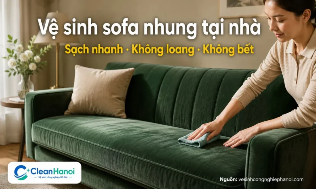 Hướng dẫn cách vệ sinh ghế sofa nhung tại nhà bằng cách hút bụi nhẹ, lau theo chiều sợi, dùng ít ẩm, thấm khô nhanh và chải lại bề mặt để hạn chế loang nước, xù sợi và bết nhung.