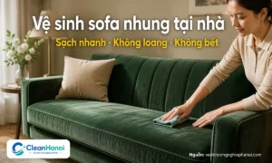 Hướng dẫn cách vệ sinh ghế sofa nhung tại nhà bằng cách hút bụi nhẹ, lau theo chiều sợi, dùng ít ẩm, thấm khô nhanh và chải lại bề mặt để hạn chế loang nước, xù sợi và bết nhung.