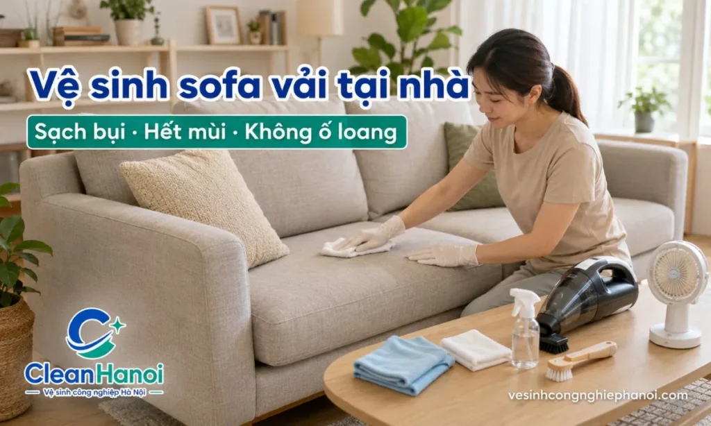 Hướng dẫn cách vệ sinh sofa vải tại nhà bằng cách hút bụi, xử lý điểm bẩn, dùng ít dung dịch, không đổ nước trực tiếp và làm khô kỹ để hạn chế ố loang, xù vải và mùi ẩm.