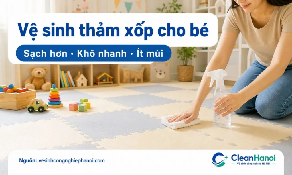 Hướng dẫn cách vệ sinh thảm xốp cho bé tại nhà bằng khăn sạch, dung dịch nhẹ pha loãng, lau kỹ bề mặt, khe ghép, mặt dưới và làm khô hoàn toàn trước khi sử dụng lại.