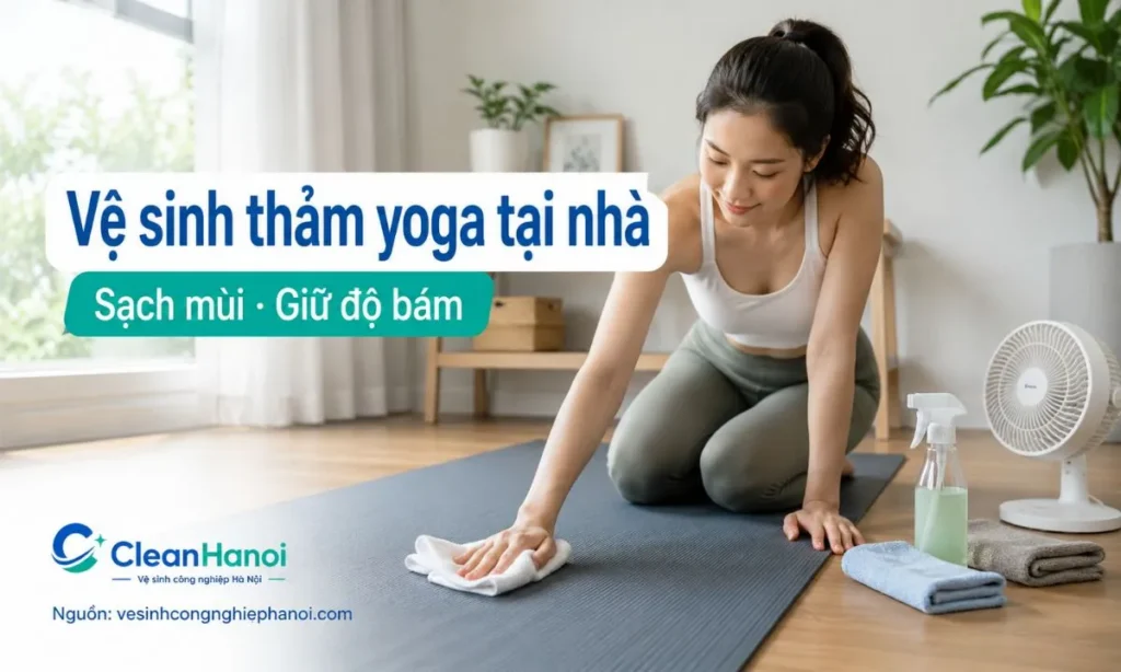 Hướng dẫn cách vệ sinh thảm yoga tại nhà bằng khăn mềm, dung dịch pha loãng, ít nước và làm khô đúng cách để sạch mùi mồ hôi, hạn chế trơn và giữ độ bám của thảm.