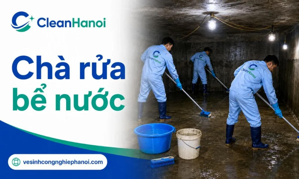 Ảnh minh họa công việc chà rửa thành bể, đáy bể, góc bể và các vị trí có rong rêu, mảng bám, bùn lắng trong bể nước ngầm.