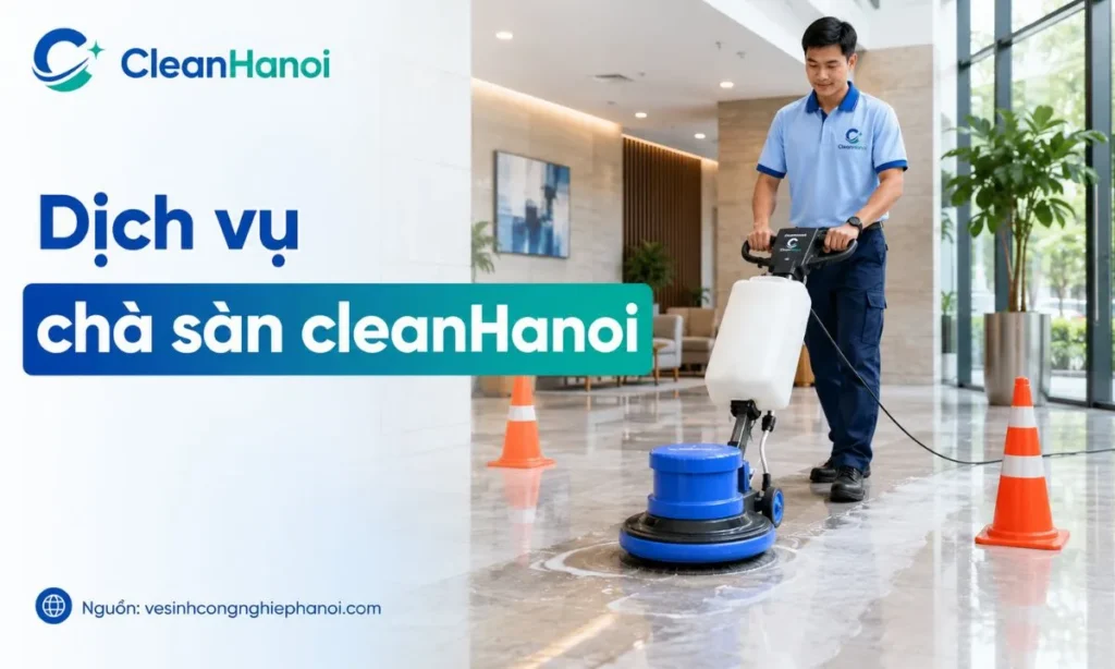 Ảnh thể hiện quá trình chà sàn bằng máy chuyên dụng, pad chà và dung dịch phù hợp với loại sàn thực tế.