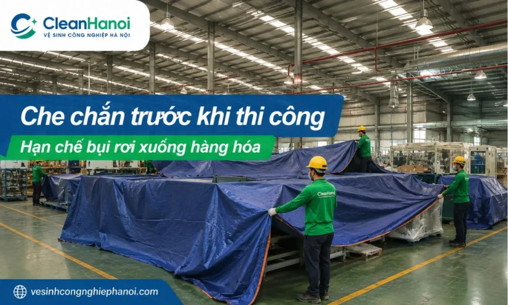 CleanHanoi che chắn hàng hóa, máy móc, bàn thao tác hoặc khu sản xuất trước khi quét mạng nhện để hạn chế bụi rơi xuống bề mặt bên dưới.