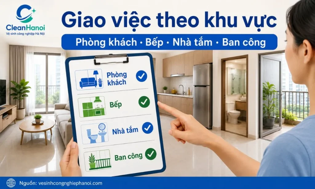 Hình ảnh minh họa cách giao việc cụ thể cho người giúp việc theo từng khu vực trong nhà như phòng khách, bếp, nhà vệ sinh, ban công và khu vực sinh hoạt chung.