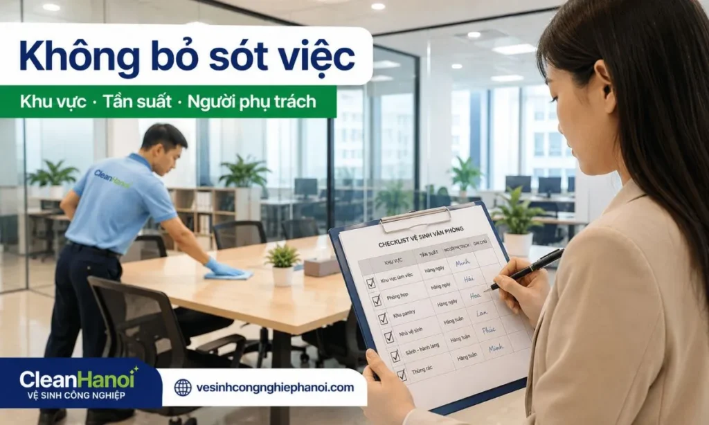 Checklist vệ sinh văn phòng là bảng liệt kê khu vực, công việc, tần suất, người thực hiện, trạng thái, ghi chú và người kiểm tra để hạn chế bỏ sót việc.