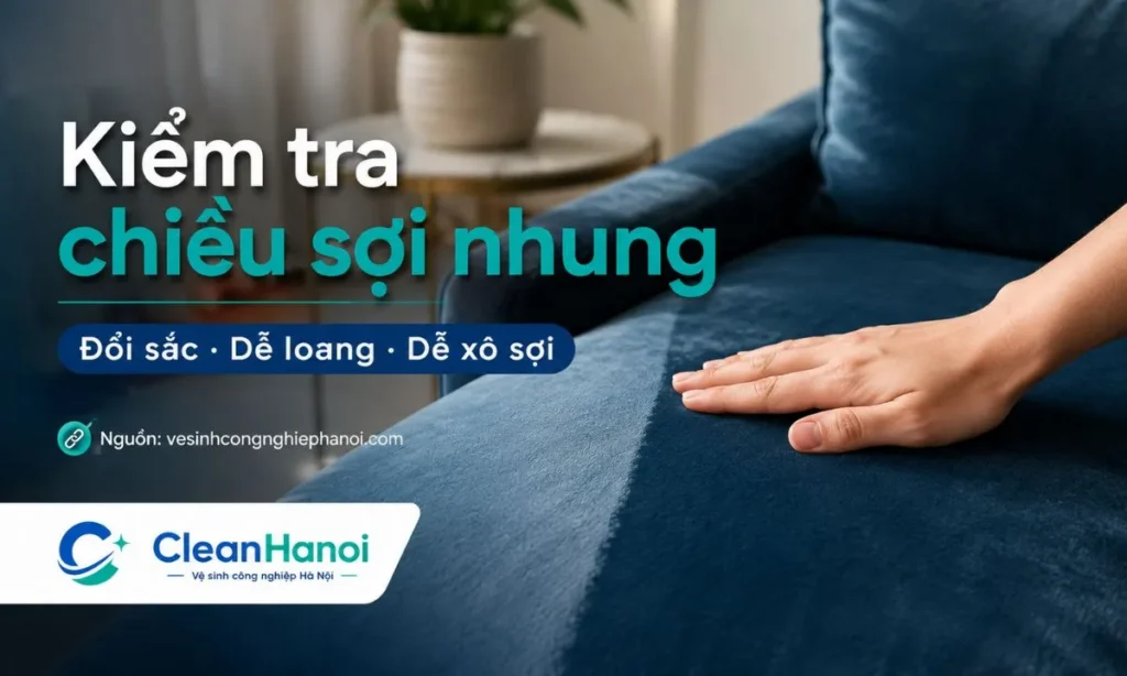 Trước khi vệ sinh sofa nhung, cần quan sát chiều sợi nhung vì bề mặt có thể đổi sắc khi vuốt tay; lau sai chiều dễ tạo cảm giác loang màu hoặc xô sợi.