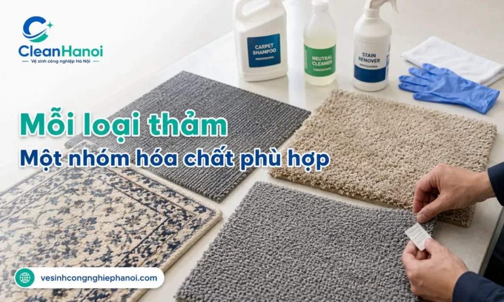 Chọn hóa chất giặt thảm theo sợi tổng hợp, sợi tự nhiên, thảm văn phòng và thảm trang trí