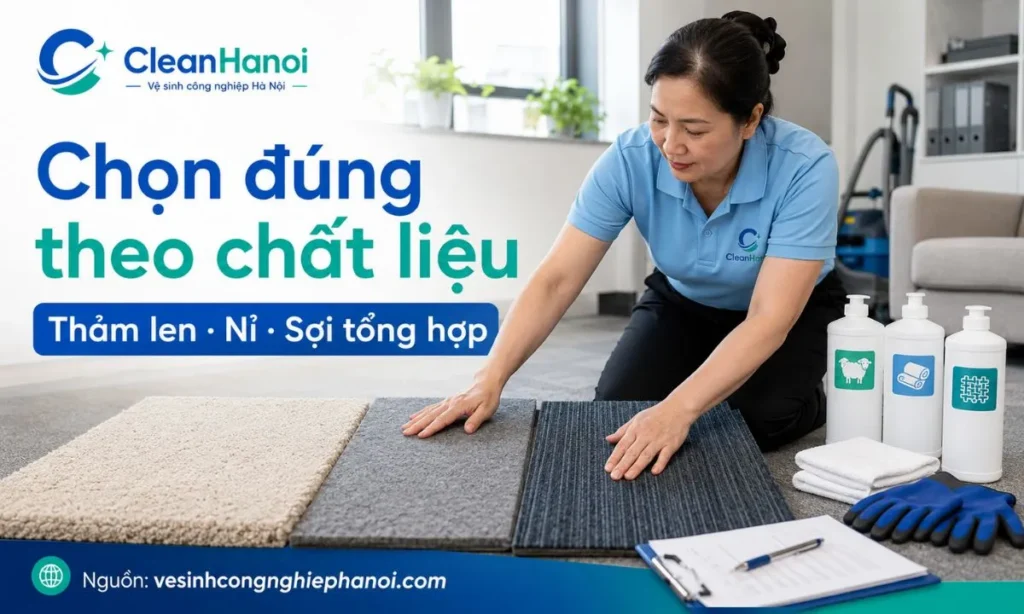 Minh họa các loại chất liệu thảm như thảm len, thảm nỉ, thảm sợi tổng hợp và cách chọn hóa chất giặt thảm phù hợp theo từng loại bề mặt.