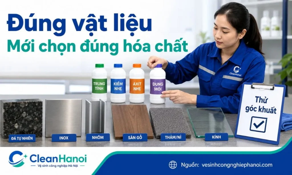 Chọn hóa chất vệ sinh phù hợp với đá tự nhiên, inox, nhôm, gỗ, thảm, ghế vải và kính