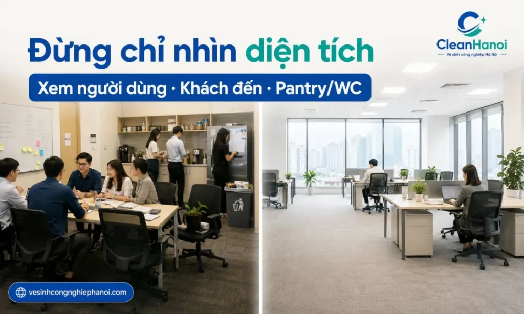 Khi chọn lịch vệ sinh văn phòng nhỏ, không nên chỉ dựa vào diện tích m² mà cần xem số nhân sự, khách đến, phòng họp, pantry, WC và khu vực bẩn nhanh.