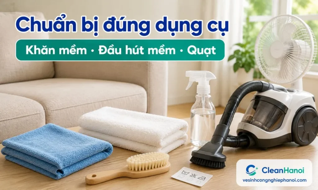 Trước khi vệ sinh sofa tại nhà, nên chuẩn bị máy hút bụi đầu hút mềm, khăn microfiber, khăn khô, bàn chải mềm, bình xịt phun sương, dung dịch phù hợp với chất liệu và quạt làm khô.