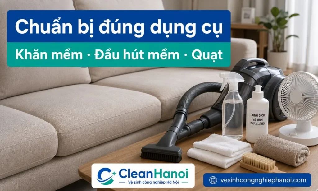 Trước khi vệ sinh sofa vải tại nhà, nên chuẩn bị máy hút bụi đầu mềm, khăn microfiber, khăn khô, bàn chải mềm, bình xịt phun sương, dung dịch vệ sinh vải pha loãng và quạt làm khô.