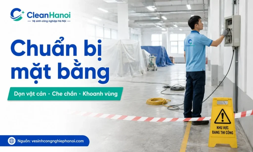 Hình ảnh minh họa bước chuẩn bị mặt bằng trước khi mài nền bê tông gồm dọn vật cản, che chắn thiết bị, kiểm tra nguồn điện, đặt biển cảnh báo và khoanh vùng thi công.