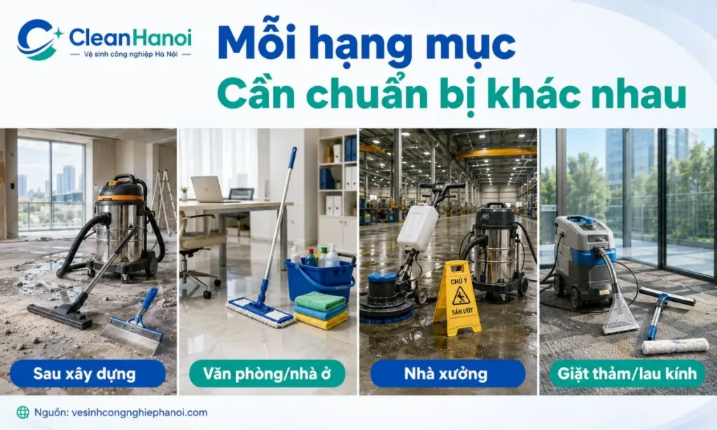Chuẩn bị máy móc, hóa chất và dụng cụ khác nhau cho vệ sinh sau xây dựng, văn phòng, nhà xưởng, giặt thảm và lau kính