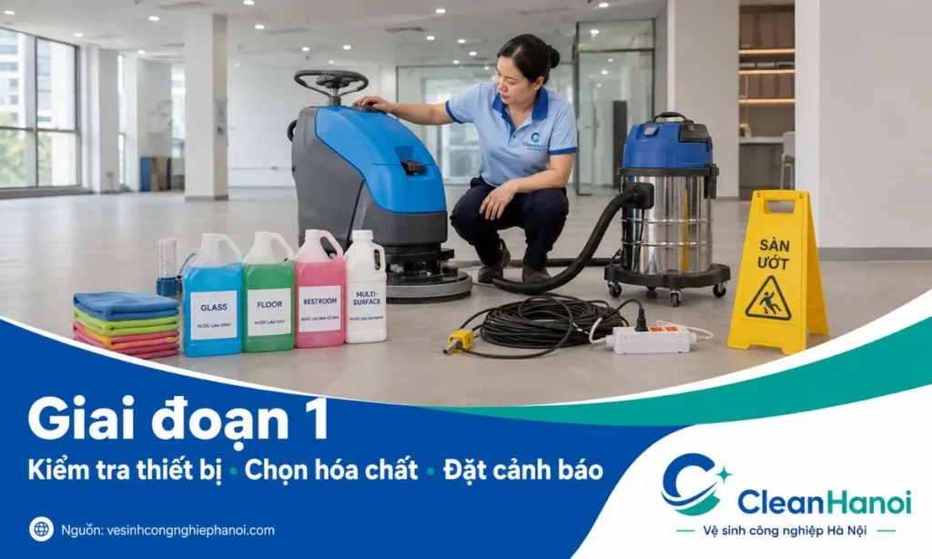 Hình ảnh minh họa bước chuẩn bị kỹ thuật trong vệ sinh công nghiệp gồm kiểm tra máy móc, dây điện, hóa chất theo bề mặt, biển báo sàn ướt và khoanh vùng khu vực thi công.