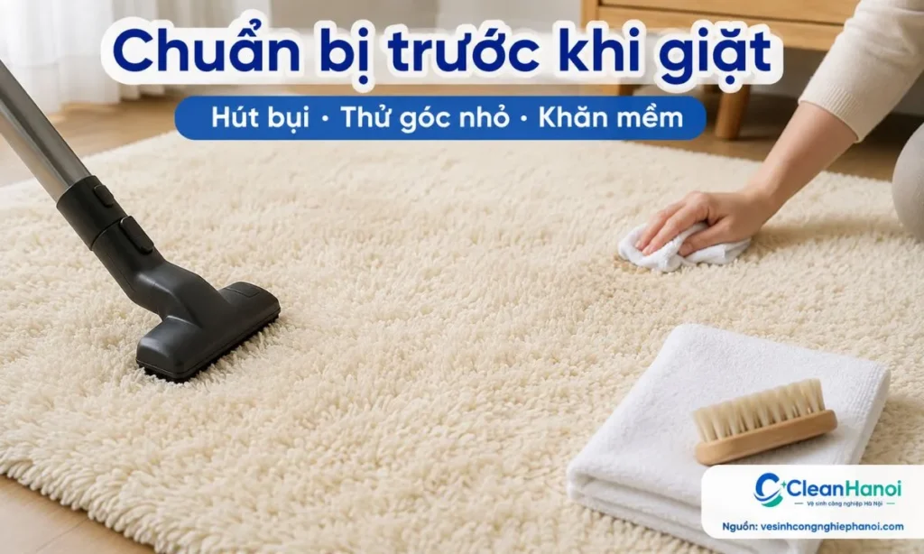 Trước khi giặt thảm lông cừu, nên hút bụi kỹ theo chiều lông, chuẩn bị khăn mềm, khăn khô, bàn chải mềm, dung dịch giặt nhẹ pha loãng và thử ở góc nhỏ trước khi làm sạch toàn bộ.