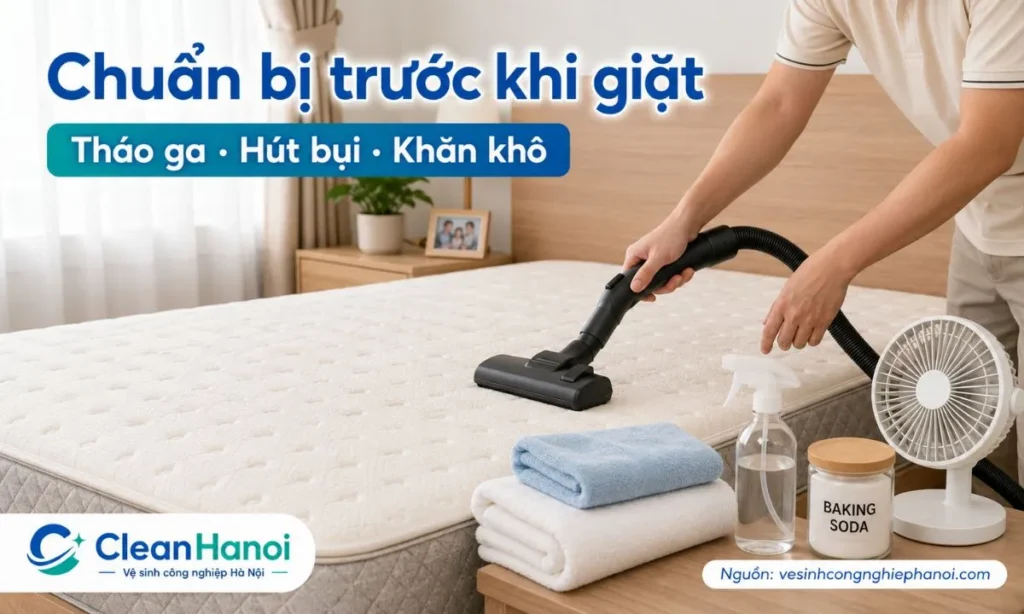 Trước khi vệ sinh đệm xốp, nên tháo ga, giặt riêng vỏ bọc, hút bụi bề mặt, chuẩn bị khăn khô, khăn ẩm, bình xịt phun sương, dung dịch nhẹ, baking soda và quạt làm khô.