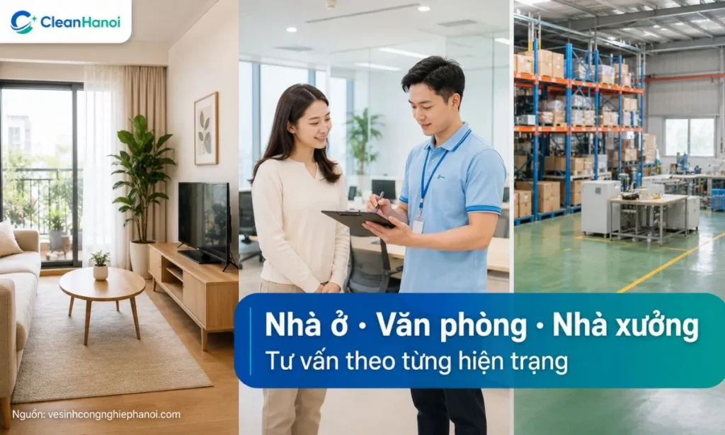CleanHanoi phục vụ nhiều nhóm khách hàng tại Hà Nội như hộ gia đình, căn hộ, văn phòng, showroom, cửa hàng, nhà xưởng, kho nhỏ và công trình sau xây dựng.