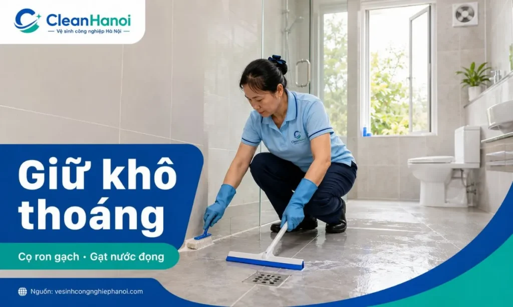 Cọ nền nhà vệ sinh, ron gạch, góc khuất và gạt nước để hạn chế mùi ẩm