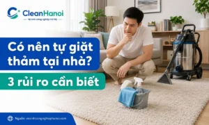 Hình ảnh minh họa việc tự giặt thảm tại nhà và các rủi ro thường gặp như thảm lâu khô, mùi ẩm, cặn xà phòng, loang màu và xù sợi.