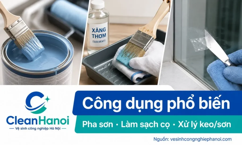 Hình ảnh minh họa các công dụng phổ biến của xăng thơm như pha loãng sơn, vệ sinh cọ sơn, xử lý vết keo, vết băng dính, vết sơn và một số vết bám gốc dầu.