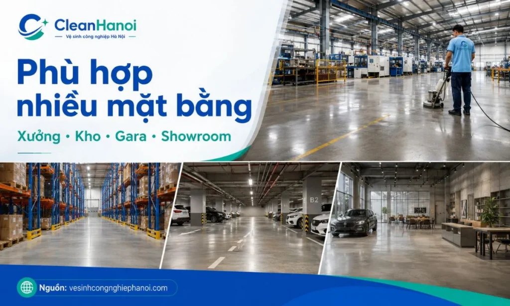 Hình ảnh minh họa các nhóm công trình phù hợp với dịch vụ đánh bóng sàn bê tông như nhà xưởng, kho hàng, gara, tầng hầm, showroom, cửa hàng, quán cà phê và văn phòng phong cách công nghiệp.