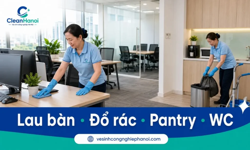 Công việc tạp vụ văn phòng gồm lau bàn, đổ rác, lau sàn, vệ sinh pantry và nhà vệ sinh