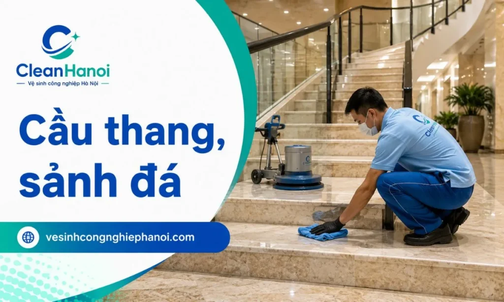Ảnh minh họa đánh bóng cầu thang đá, sảnh đá hoặc hành lang đá trong nhà ở, biệt thự, văn phòng, showroom và tòa nhà.