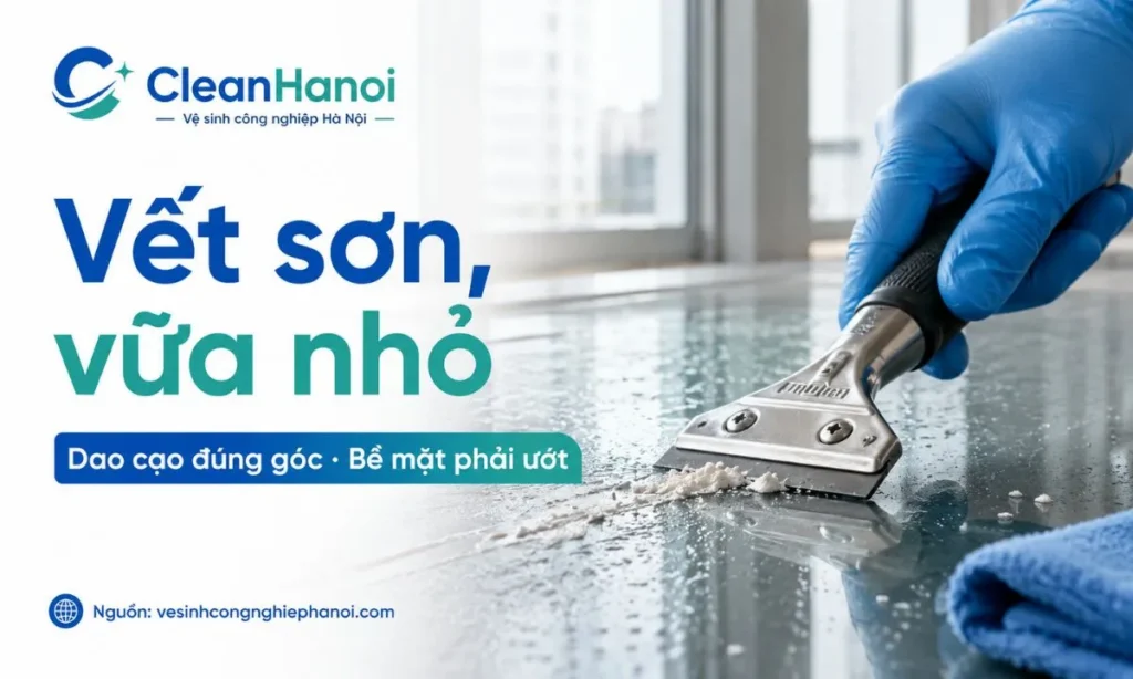 Hình ảnh minh họa cách dùng dao cạo kính chuyên dụng với lưỡi mới, làm ướt bề mặt và giữ góc thấp khi xử lý vết sơn, vữa hoặc mảng bám cục bộ trên kính.