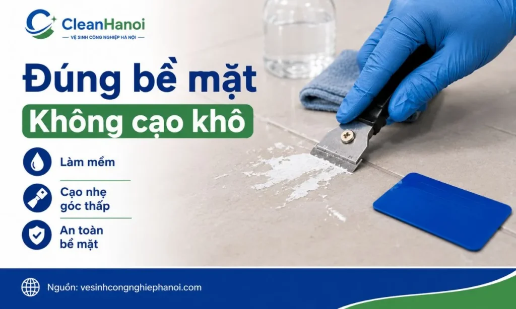 Dùng dao cạo kính trên gạch men và thẻ nhựa trên bề mặt dễ xước để tẩy sơn khô