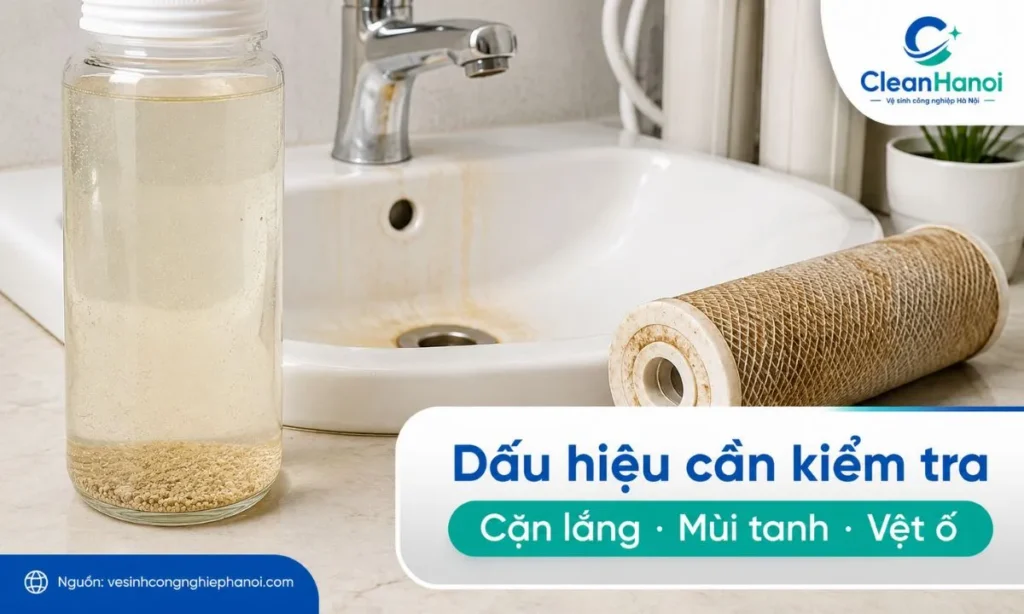 Các dấu hiệu như nước có mùi tanh, cặn lắng dưới đáy xô, nước vàng nhẹ, vệt ố ở lavabo, bồn cầu hoặc lõi lọc nhanh bẩn cho thấy hệ thống nước cần được kiểm tra.