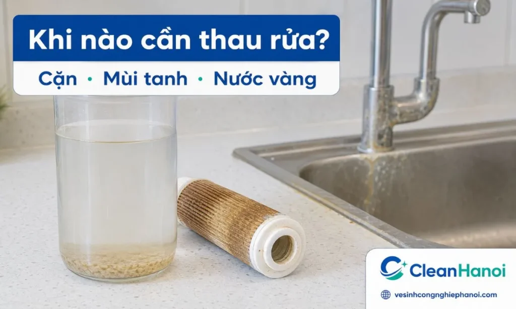 Nên thau rửa bể nước ngầm khi nước có cặn, mùi tanh, mùi ẩm, nước vàng nhẹ, lõi lọc nhanh bẩn hoặc bể lâu ngày chưa vệ sinh.