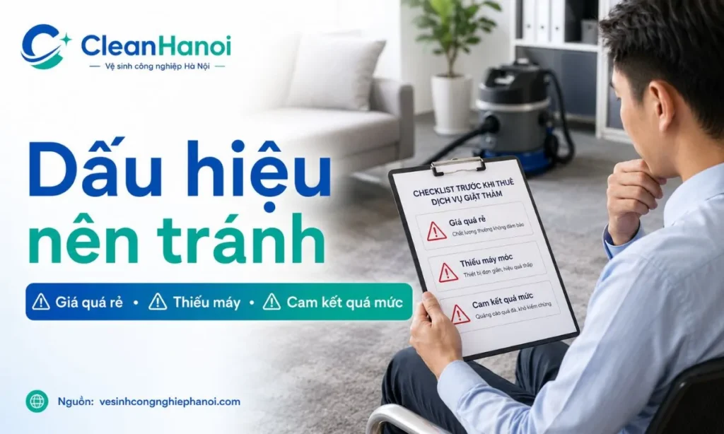 Dấu hiệu nên tránh khi thuê dịch vụ giặt thảm gồm báo giá quá rẻ, thiếu máy móc, thiếu quy trình và cam kết quá mức