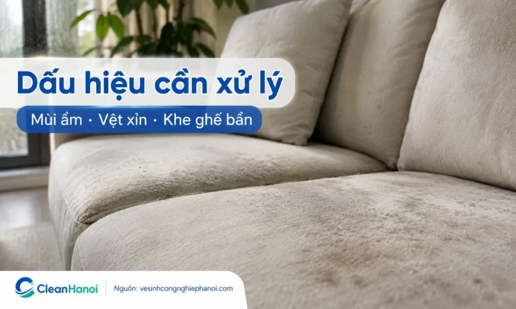 Sofa có mùi hôi, cảm giác bí ẩm, vệt xỉn màu, đốm mốc nhẹ, bụi, tóc, lông thú cưng hoặc vụn bẩn ở khe ghế là dấu hiệu nên xử lý sớm sau mùa nồm.