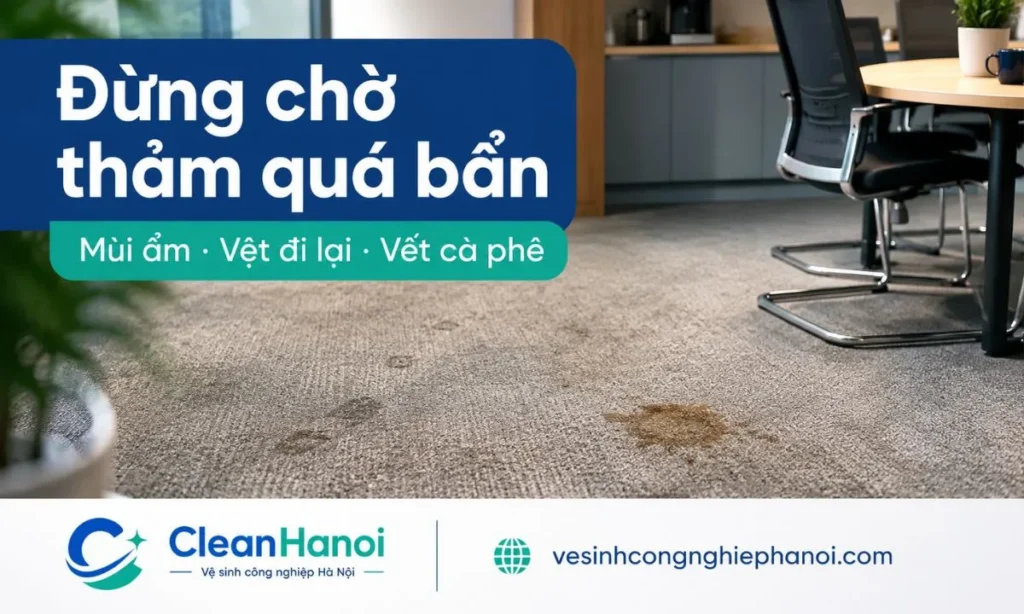 Thảm văn phòng nên được giặt sớm khi có mùi ẩm, vệt đi lại, vết cà phê, trà, đồ ăn, thảm xỉn màu, bết sợi hoặc hút bụi xong vẫn còn mùi khó chịu.