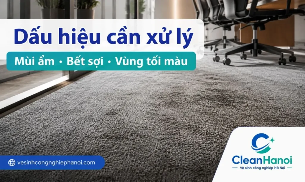 Thảm văn phòng cần xử lý sớm khi có mùi ẩm lúc bước vào phòng, mùi nặng sau cuối tuần, vùng tối màu, bết sợi, cảm giác bí ẩm hoặc khu vực gần pantry, cửa ra vào có mùi nặng hơn.