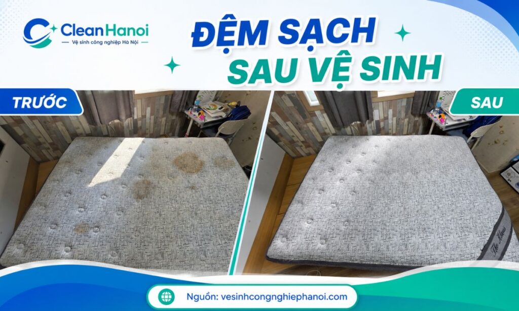 Ảnh kết quả sau khi giặt đệm, bề mặt đệm sạch hơn, gọn gàng và sẵn sàng sử dụng lại sau khi khô.