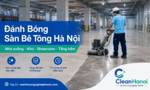 Hình ảnh minh họa dịch vụ đánh bóng sàn bê tông tại Hà Nội bằng máy chuyên dụng, phù hợp cho nhà xưởng, kho hàng, gara, tầng hầm, showroom và mặt bằng thương mại.