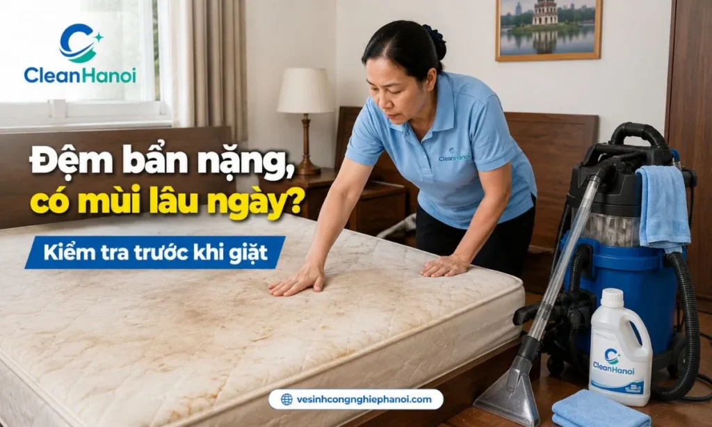 Nhân viên CleanHanoi vệ sinh đệm bông ép tại nhà bằng máy chuyên dụng