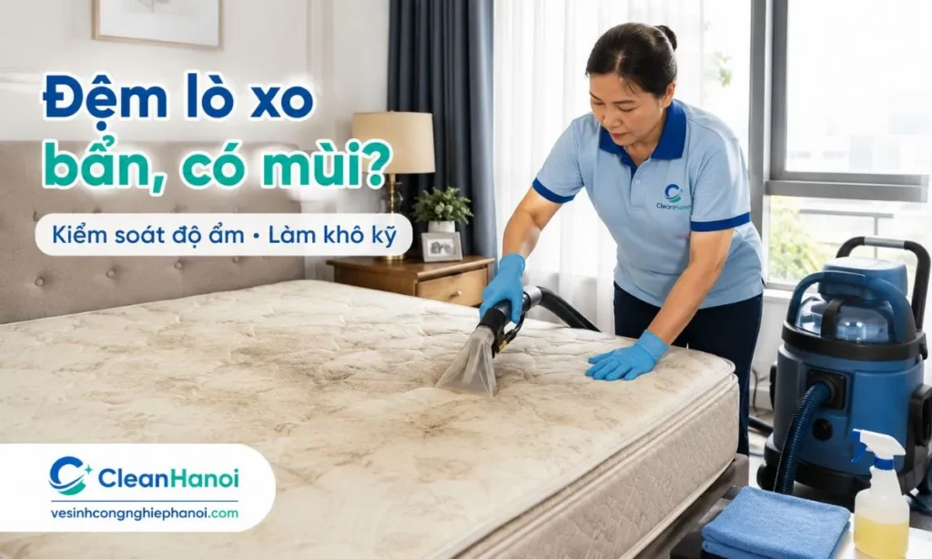 Nhân viên CleanHanoi vệ sinh đệm lò xo tại nhà bằng máy chuyên dụng