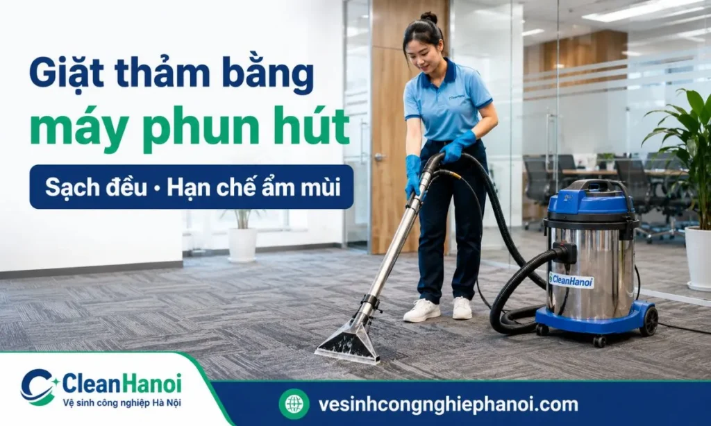 Nhân viên công ty CleanHanoi đang giặt thảm văn phòng bằng máy phun hút chuyên nghiệp giúp thảm sạch sâu khô nhanh