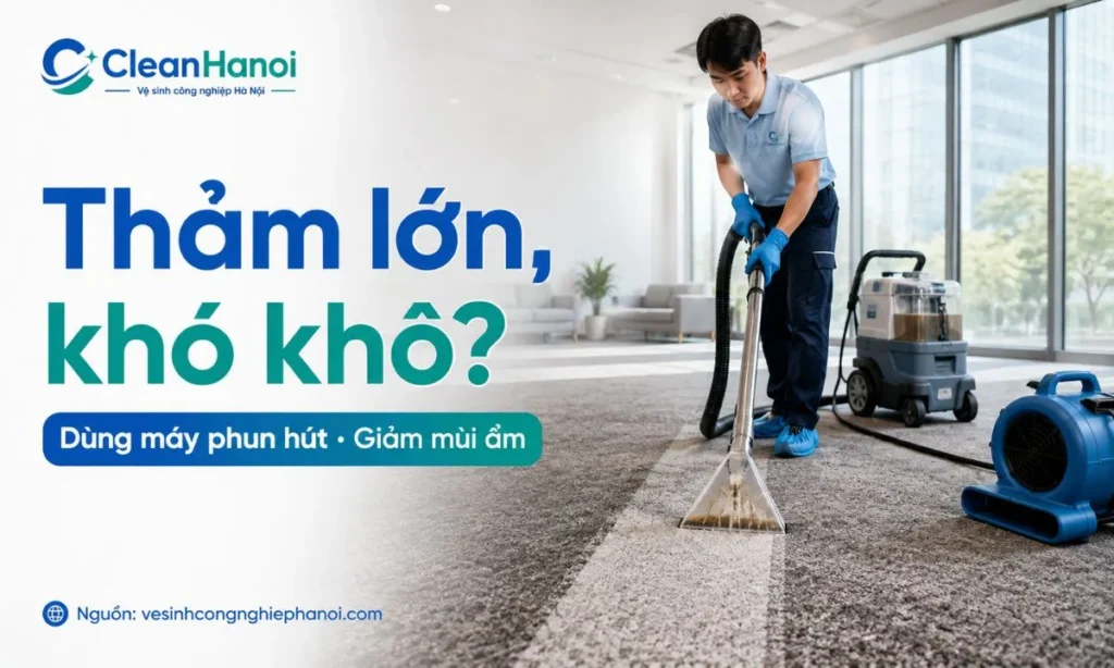 Hình ảnh minh họa dịch vụ giặt thảm mùa mưa bằng máy phun hút, giúp đưa dung dịch vào sợi thảm ở mức phù hợp, hút nước bẩn và hỗ trợ giảm mùi ẩm sau khi giặt.
