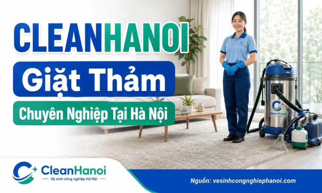 Hình ảnh tổng hợp đội ngũ kỹ thuật viên, máy móc hiện đại và hóa chất giặt thảm an toàn của CleanHanoi