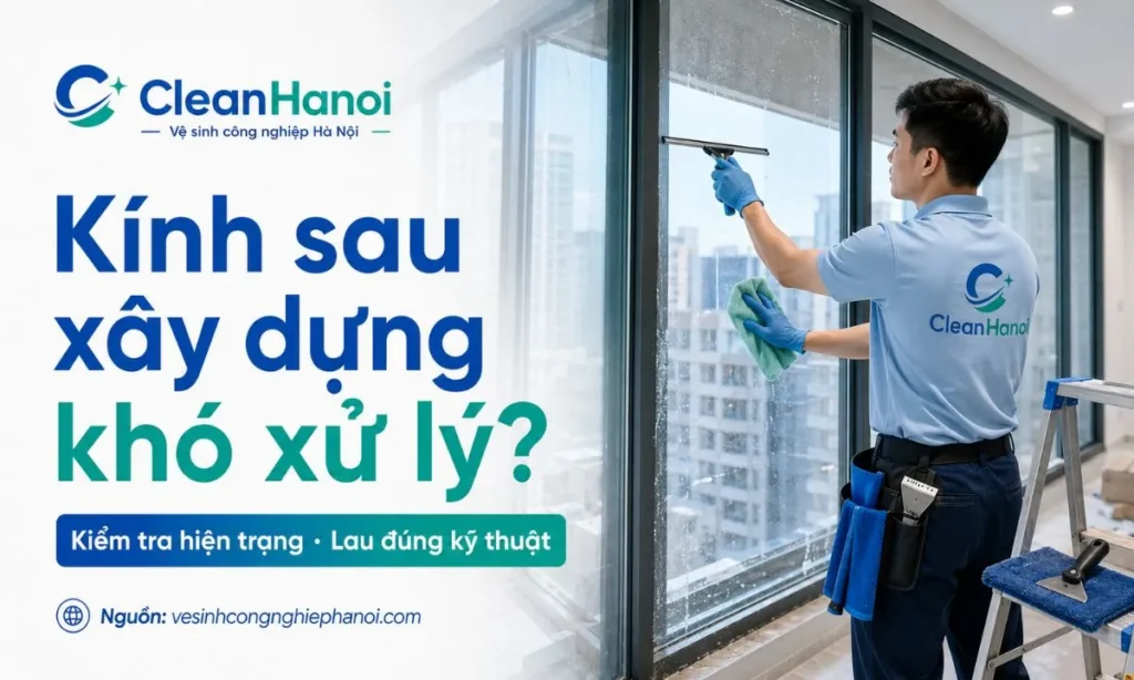 Hình ảnh nhân viên CleanHanoi lau kính sau xây dựng cho nhà ở, văn phòng, showroom hoặc công trình mới hoàn thiện bằng khăn microfiber, cây gạt kính, dao cạo kính chuyên dụng và thiết bị an toàn.