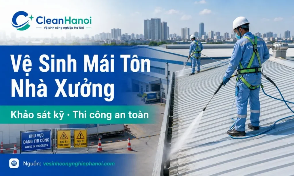 Hình ảnh minh họa dịch vụ vệ sinh mái tôn nhà xưởng tại Hà Nội, làm sạch bụi bẩn, bùn đất, rêu mốc, lá cây và máng xối theo phương án thi công an toàn.
