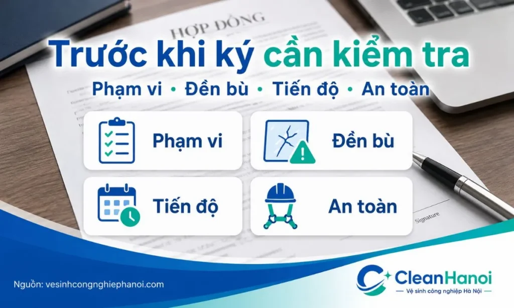 Hình ảnh minh họa 4 điều khoản quan trọng cần có trong hợp đồng vệ sinh công nghiệp: phạm vi công việc, trách nhiệm đền bù hư hại vật liệu, phạt chậm tiến độ và an toàn lao động.