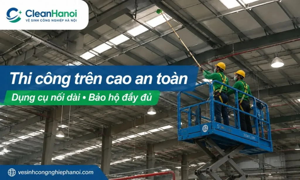 Đội vệ sinh chuyên nghiệp sử dụng cây nối dài, chổi chuyên dụng, thang hoặc phương án tiếp cận phù hợp để quét mạng nhện nhà xưởng an toàn hơn.